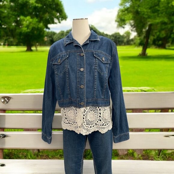 Upcycled Denim Jacket Boho Lace Crochet Hem Vintage Western Y2K Cottage Trendy - Picture 1 of 7
